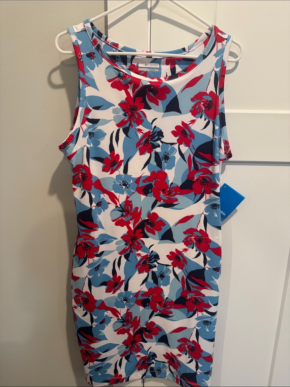 Columbia Sleeveless Floral Sheath Dress - Red & Blue on White
